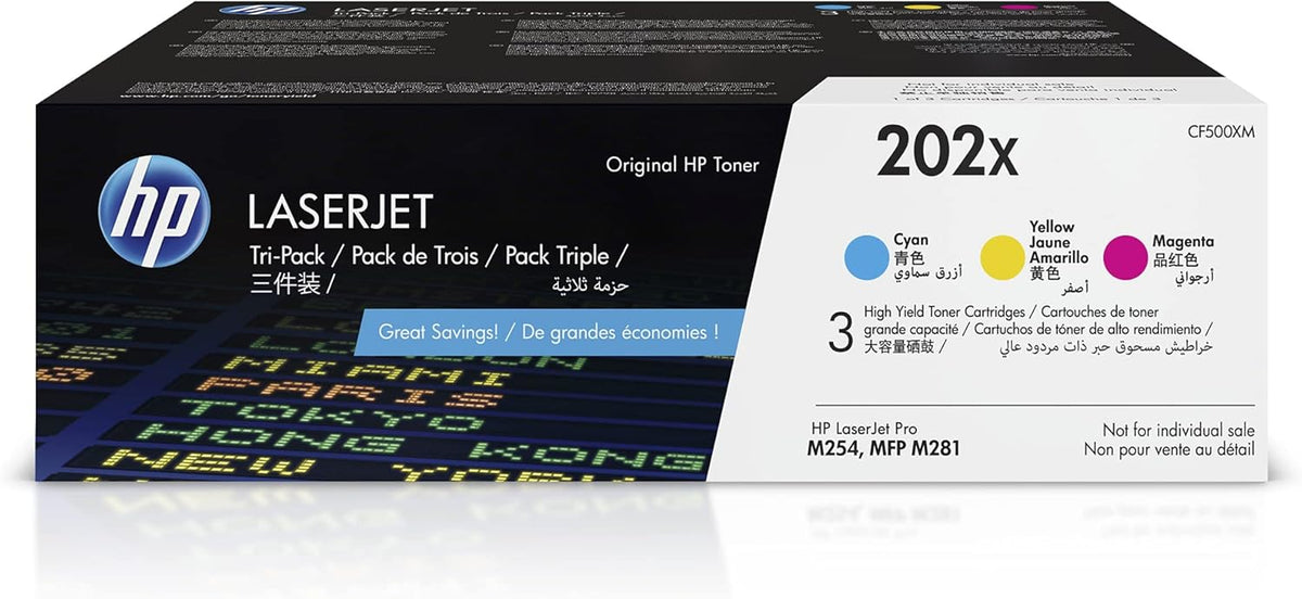 HP 202X Cyan, Magenta, Yellow High-Yield Toner Cartridge Printers (3-Pack) | Works with Color LaserJet Pro M254, Color LaserJet Pro MFP M281 Series | CF500XM